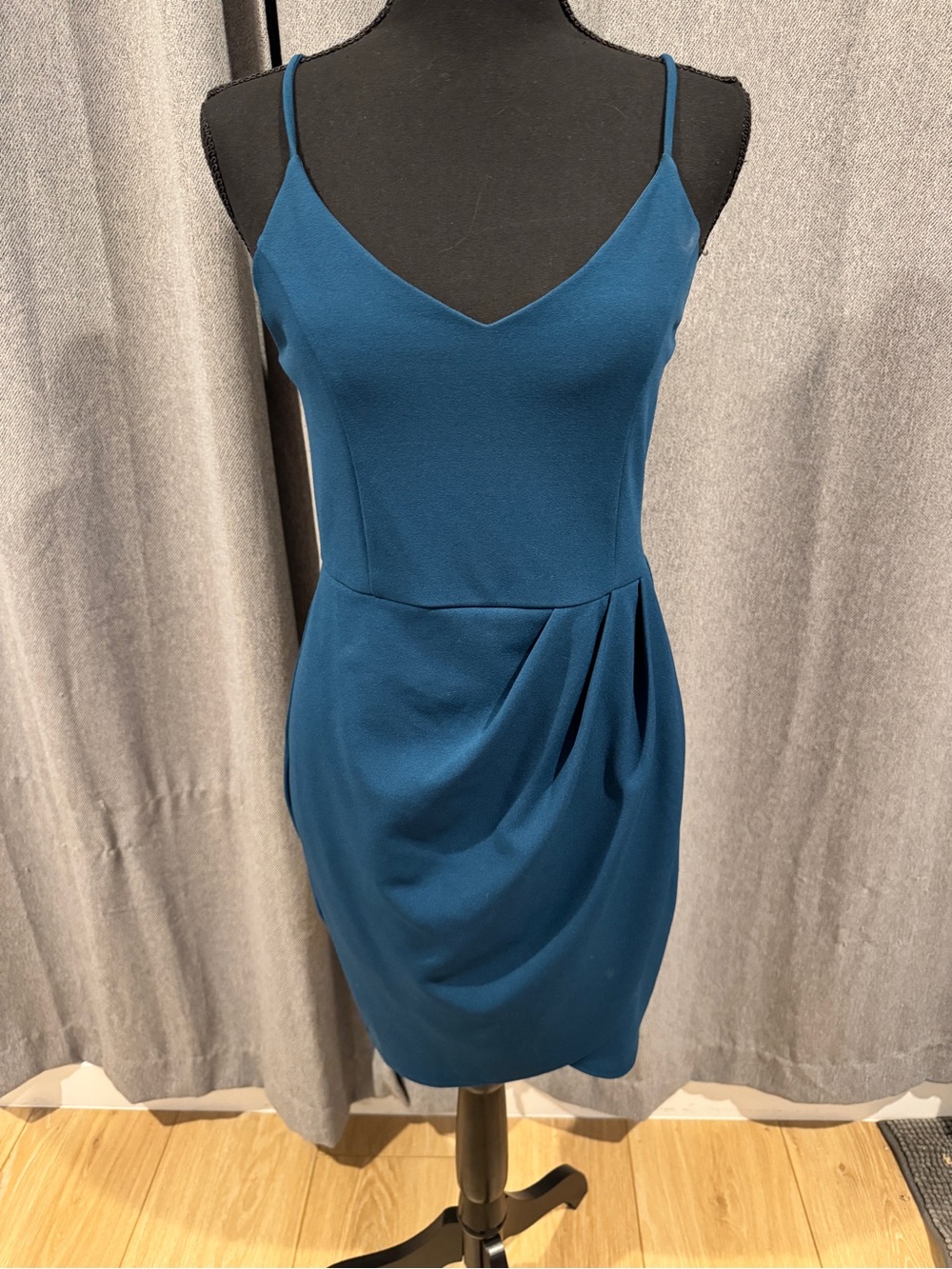 Lulu’s Teal Spaghetti Strap V-Neck Draped Sheath Dress